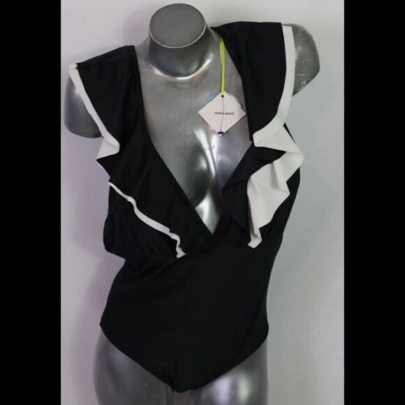 MARINA WEST DOUBLE RUFFLE CLASSIC SWIMSUIT SIZE XL NWT BLACK WHITE - Picture 4 of 10